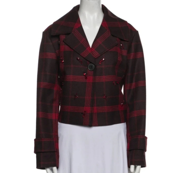 Lewit Wool Burgundy & Red Plaid Cropped Boxy Jacket - Picture 2 of 11